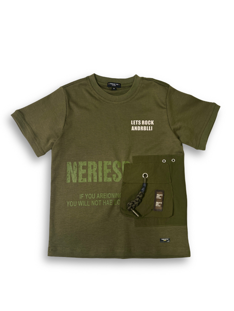Boys' olive green short-sleeve t-shirt with a large side cargo pocket with a black drawcord and white and faded green lettering.

Export to Sheets