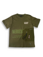Boys' olive green short-sleeve t-shirt with a large side cargo pocket with a black drawcord and white and faded green lettering.

Export to Sheets