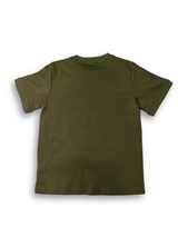 Boys' olive green short-sleeve t-shirt with a large side cargo pocket with a black drawcord and white and faded green lettering.

Export to Sheets