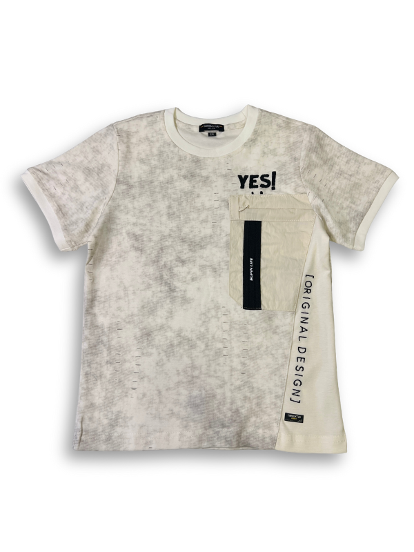 Boys' cream/white washed-texture t-shirt with a solid beige side panel and a black zipper utility pocket, with the black text "YES!" on the chest.

Export to Sheets
