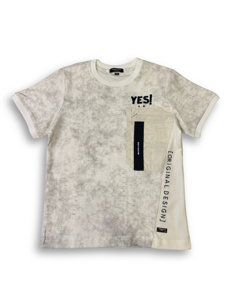 Boys' cream/white washed-texture t-shirt with a solid beige side panel and a black zipper utility pocket, with the black text "YES!" on the chest.

Export to Sheets