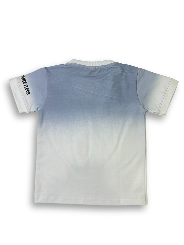 Boys' ombré blue and white t-shirt with a colorful graphic of retro headphones and bold black and white text.

Export to Sheets