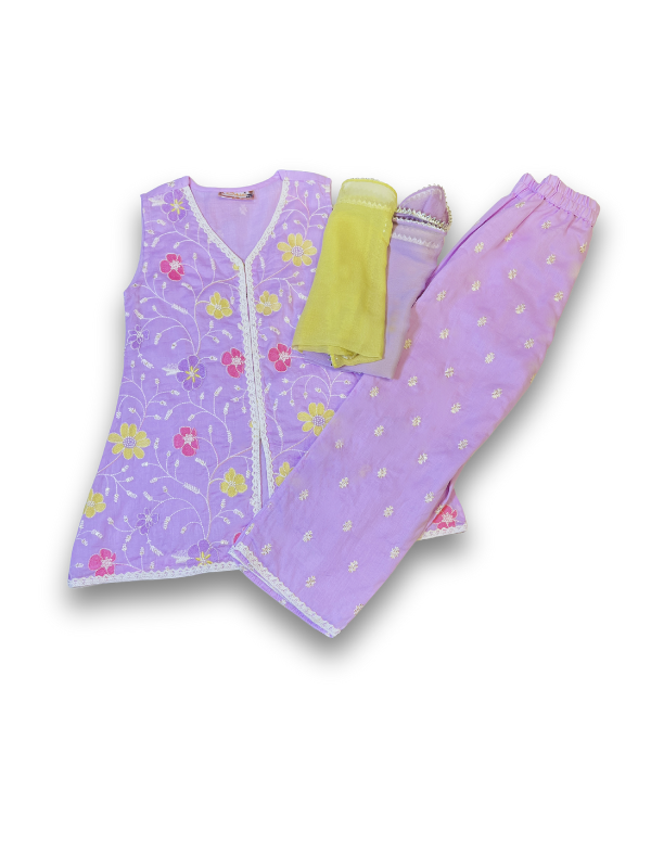 Girls' Purple Floral Embroidered Kurta Set