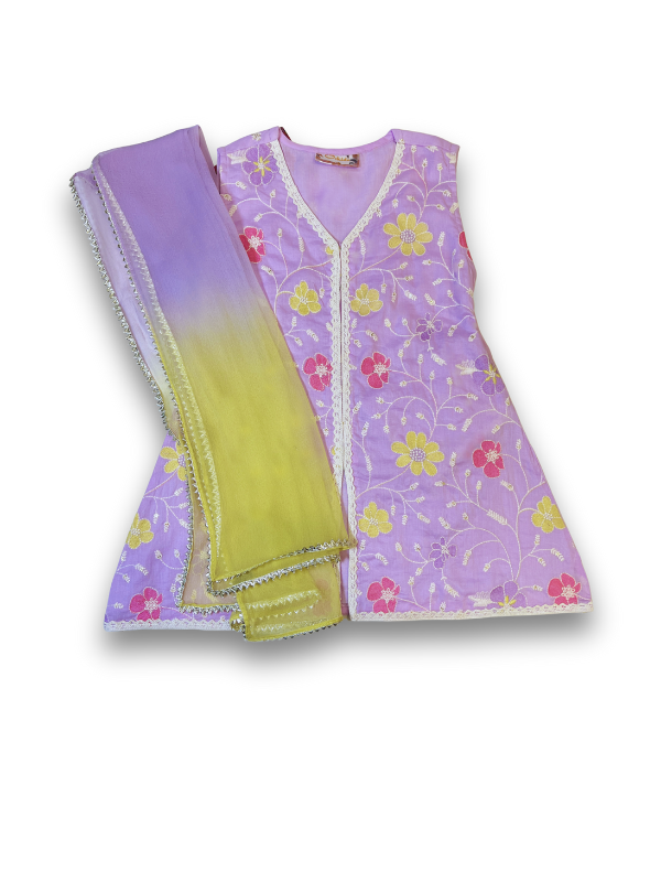 Girls' Purple Floral Embroidered Kurta Set