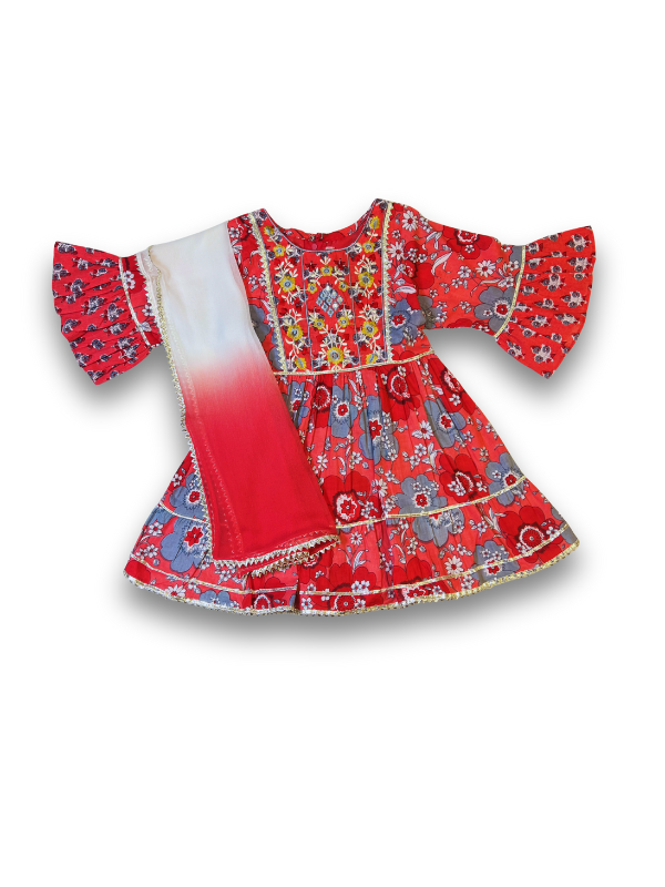 Girls' Red Printed Kurta Sharara Set with Dupatta