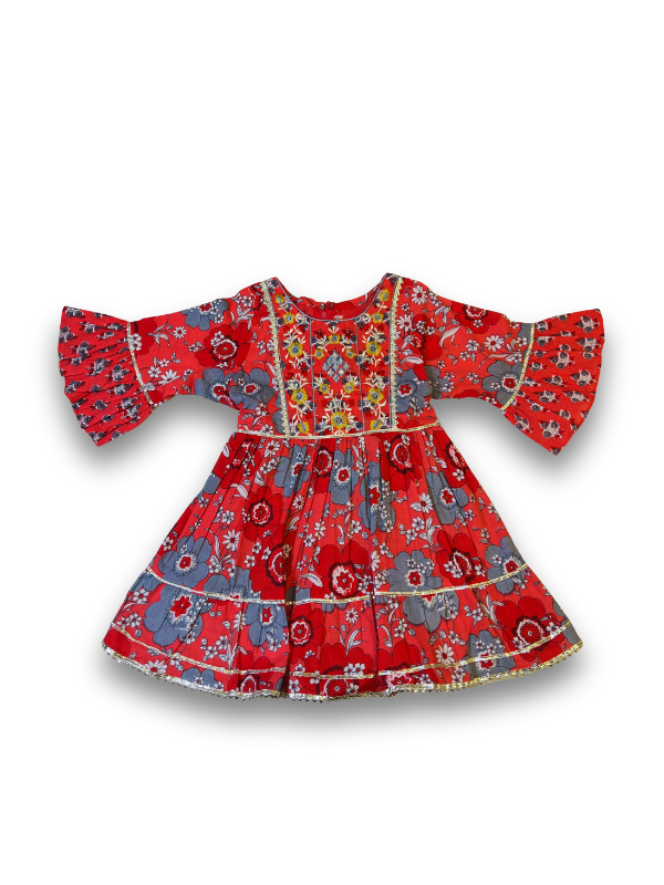 Girls' Red Printed Kurta Sharara Set with Dupatta
