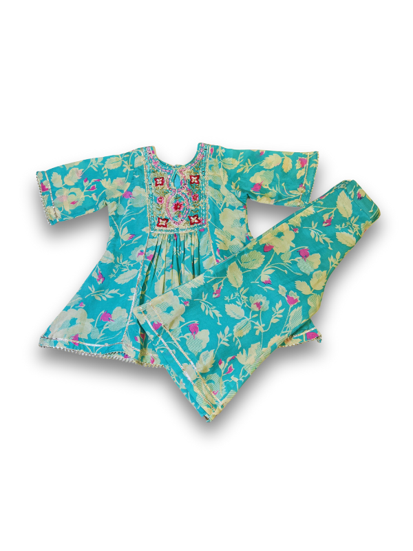 Girls' Aqua Floral Printed Kurta Sharara Set