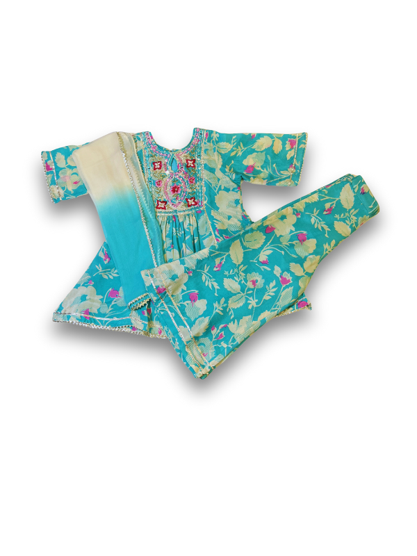 Girls' Aqua Floral Printed Kurta Sharara Set