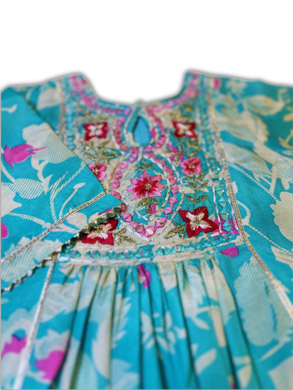 Girls' Aqua Floral Printed Kurta Sharara Set