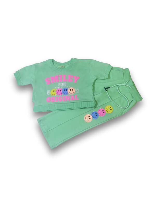 Girls' Neon Green Smiley Crop Top & Jogger Set
