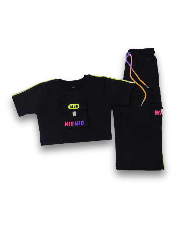 Girls' Black Crop Top & Cargo Jogger Co-ord Set