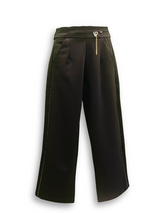 Girls' black wide-leg or palazzo-style trousers with a gold zipper accent at the waist and a delicate metallic gold glitter stripe down the outside seam of both legs.

Export to Sheets
