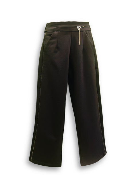 Girls' black wide-leg or palazzo-style trousers with a gold zipper accent at the waist and a delicate metallic gold glitter stripe down the outside seam of both legs.

Export to Sheets