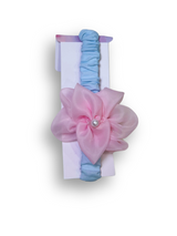 Girls' sleeveless light blue tiered tulle dress with a large, sheer pink flower appliqué on the chest and delicate shoulder straps.

Export to Sheets