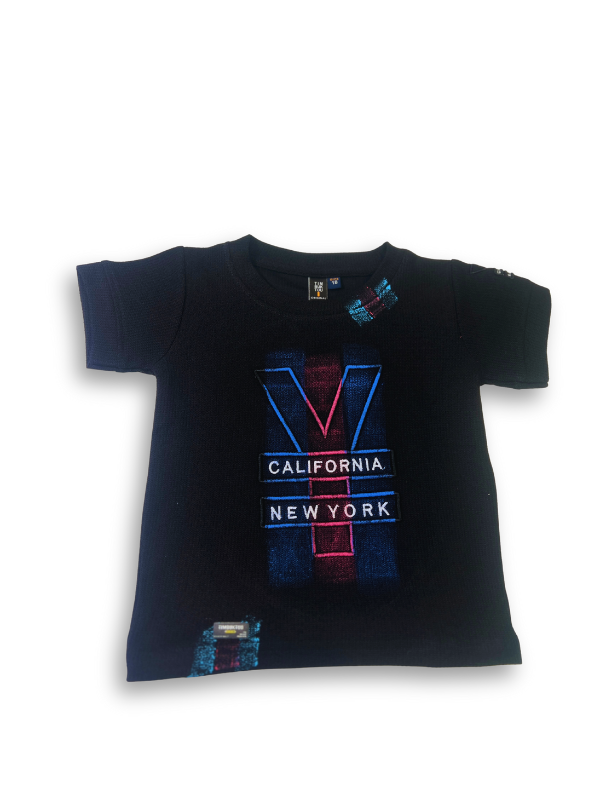 Boys' black short-sleeve t-shirt with a large pink and blue neon graphic shaped like a V, with the words California and New York printed across the center.

Export to Sheets