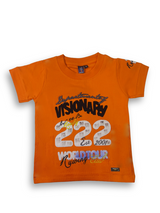 Boys' bright orange short-sleeve t-shirt with a large black and white graphic featuring the words "VISIONARY" and "222 World Tour."

Export to Sheets