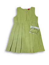 Girls' green pleated sleeveless dress paired with a detachable, short-sleeved bolero jacket featuring a light pastel fan-like print.

Export to Sheets