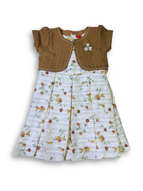Girls' two-piece outfit featuring a brown textured bolero jacket with embroidery over a white and beige striped floral print dress with pleats.

Export to Sheets