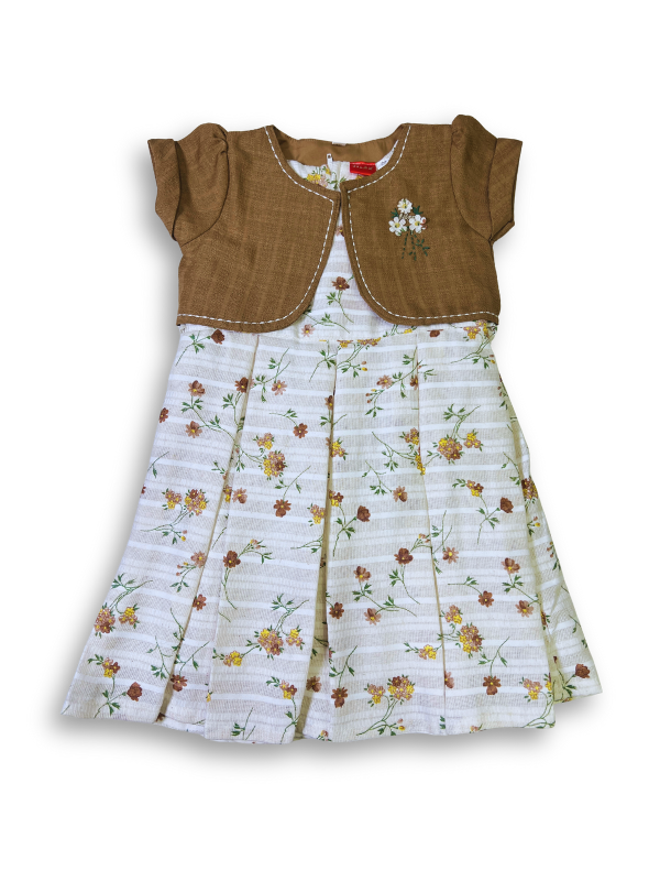 Girls' two-piece outfit featuring a brown textured bolero jacket with embroidery over a white and beige striped floral print dress with pleats.

Export to Sheets