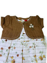 Girls' two-piece outfit featuring a brown textured bolero jacket with embroidery over a white and beige striped floral print dress with pleats.

Export to Sheets