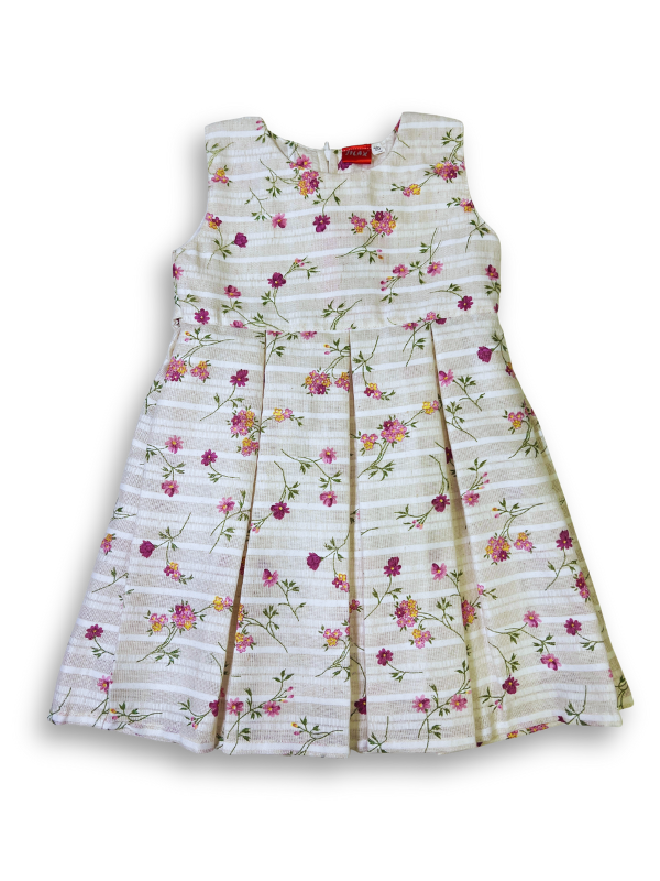 Girls' two-piece outfit featuring a berry pink textured bolero jacket with floral embroidery over a white and pink striped floral print dress with pleats.

Export to Sheets