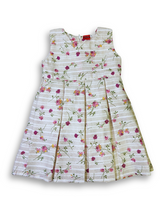 Girls' two-piece outfit featuring a berry pink textured bolero jacket with floral embroidery over a white and pink striped floral print dress with pleats.

Export to Sheets