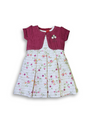 Girls' two-piece outfit featuring a berry pink textured bolero jacket with floral embroidery over a white and pink striped floral print dress with pleats.

Export to Sheets