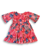 Girls' pink, red, and blue watercolor-print dress with three-quarter bell sleeves and a tiered ruffle at the bottom hem.

Export to Sheets