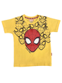 A boys' short-sleeve yellow T-shirt with a large central graphic of a red and white Spider-Man mask layered over multiple black outline mask graphics.