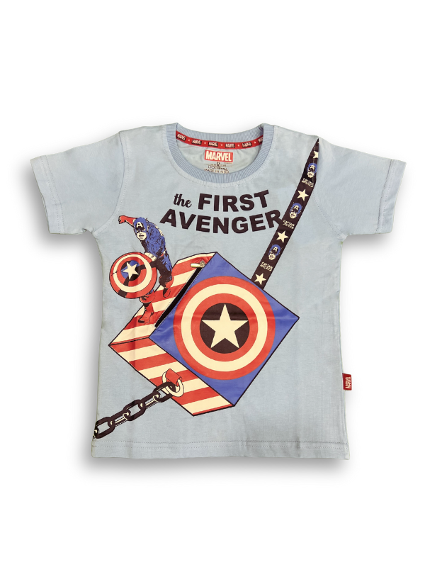 A boys' short-sleeve light blue T-shirt with a large Captain America graphic, showing the hero and his shield above the text "the FIRST AVENGER."