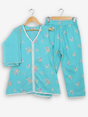 Girls' two-piece ethnic set consisting of an aqua blue kurta tunic and matching trousers, both decorated with small floral embroidery and white lace trim.