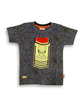 A boys' short-sleeve navy blue T-shirt with an all-over black spider web print and a rectangular chest graphic featuring the Spider-Man mask and portrait.