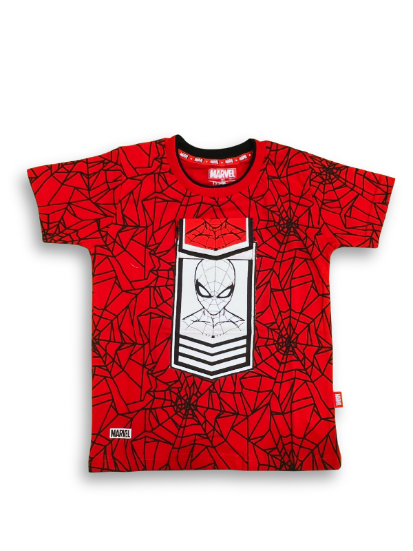 A boys' short-sleeve red T-shirt with an all-over black spider web print and a central rectangular chest graphic featuring a Spider-Man portrait.