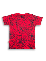 Boys' Red Spider-Man All-Over Web T-Shirt with Emblem Graphic.