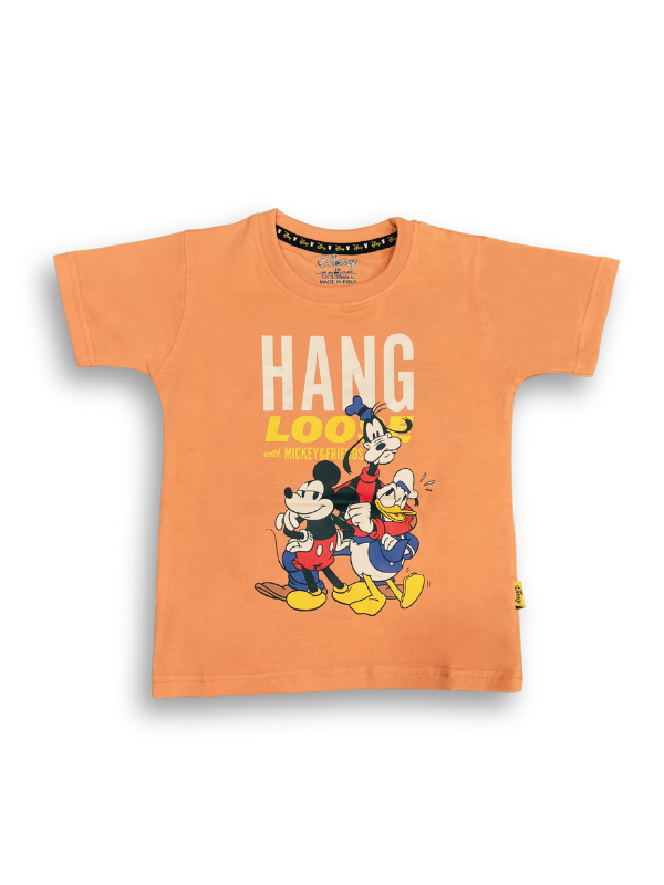 A boys' short-sleeve peach T-shirt with a vintage-style graphic of Mickey Mouse, Goofy, and Donald Duck below the text "HANG LOOSE."