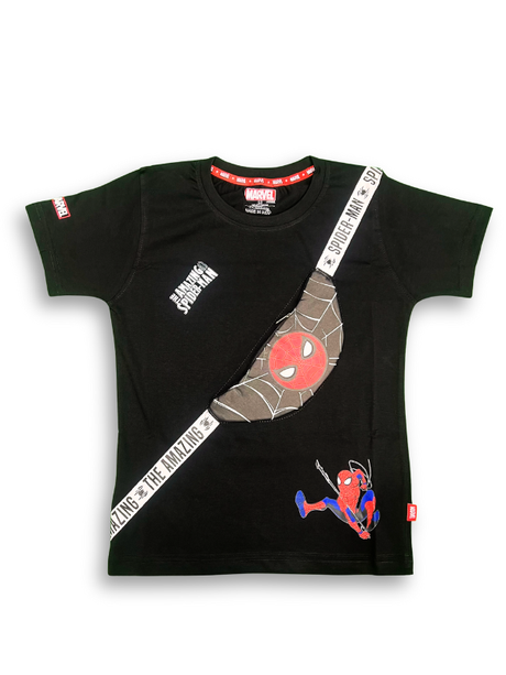 A boys' short-sleeve black T-shirt with a unique graphic designed to look like a diagonal cross-body sling bag, featuring the Spider-Man mask and text "THE AMAZING SPIDER-MAN."