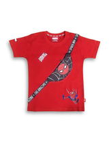 A boys' short-sleeve red T-shirt with a unique graphic designed to look like a diagonal cross-body sling bag, featuring the Spider-Man mask and text "THE AMAZING SPIDER-MAN."