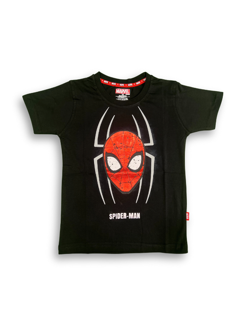 A boys' short-sleeve black T-shirt with a large central graphic of the red and black Spider-Man mask overlaid on a white spider web emblem, with the name SPIDER-MAN below.