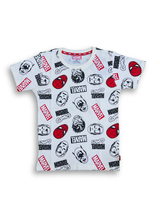 Close-up of a boys' cream-colored T-shirt with an all-over print featuring various Marvel comic graphics, including Spider-Man's mask, the Hulk's face, and Marvel logos.
