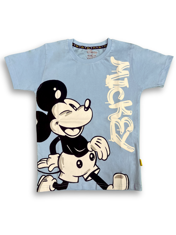 A boys' short-sleeve light blue T-shirt with a large graphic of a smiling Mickey Mouse and the word "MICKEY" printed vertically next to him.