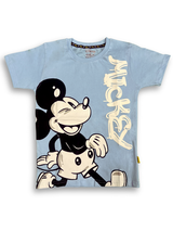 A boys' short-sleeve light blue T-shirt with a large graphic of a smiling Mickey Mouse and the word "MICKEY" printed vertically next to him.