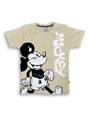 A boys' short-sleeve cream/tan T-shirt with a large graphic of a smiling Mickey Mouse and the word "MICKEY" printed vertically next to him in white.