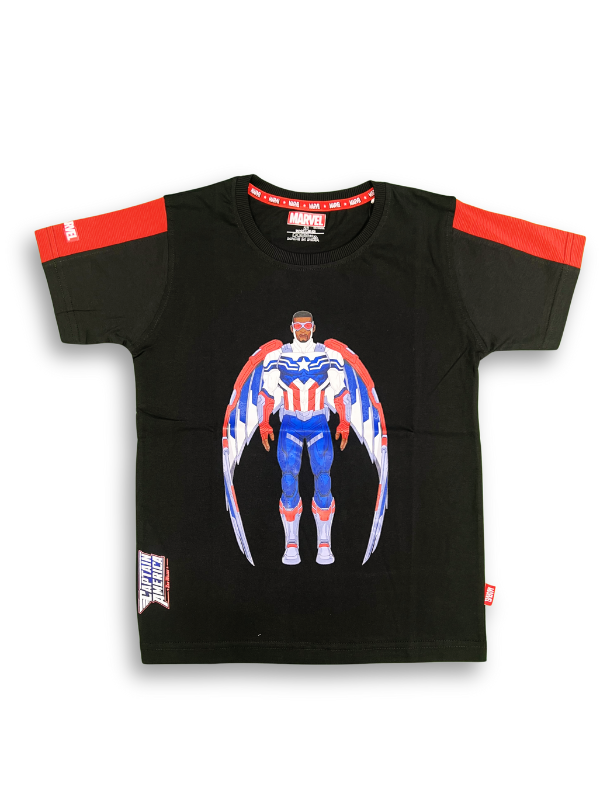 A boys' short-sleeve black T-shirt with red and black stripes on the shoulders, featuring a large central graphic of the Marvel character Falcon in his Captain America suit with wings.