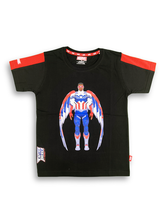 A boys' short-sleeve black T-shirt with red and black stripes on the shoulders, featuring a large central graphic of the Marvel character Falcon in his Captain America suit with wings.