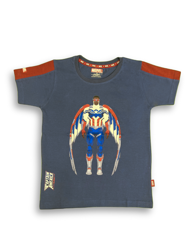 A boys' short-sleeve navy blue T-shirt with red stripe accents on the shoulders, featuring a large central graphic of the Marvel character Falcon in his Captain America suit with wings.