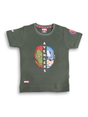 A boys' short-sleeve olive green T-shirt with a central graphic that splits vertically, showing half of Iron Man's mask and half of Captain America's mask, with the word AVENGERS in between.
