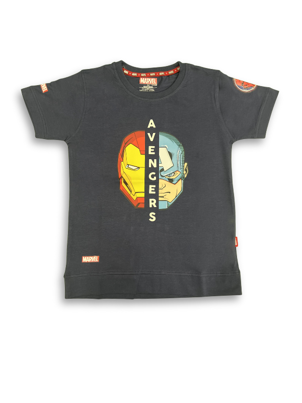 A boys' short-sleeve navy blue T-shirt with a central graphic that splits vertically, showing half of Iron Man's mask and half of Captain America's mask, with the word AVENGERS in between.