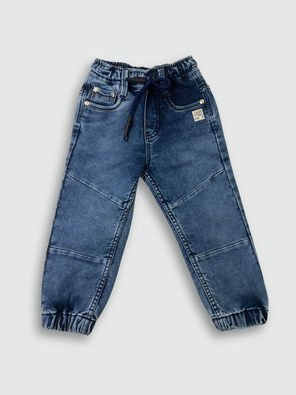 Boys' dark blue/navy fleece joggers with a neon yellow drawstring, a side zipper pocket, and a small athletic badge on the leg.