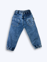 Boys' dark blue/navy fleece joggers with a neon yellow drawstring, a side zipper pocket, and a small athletic badge on the leg.