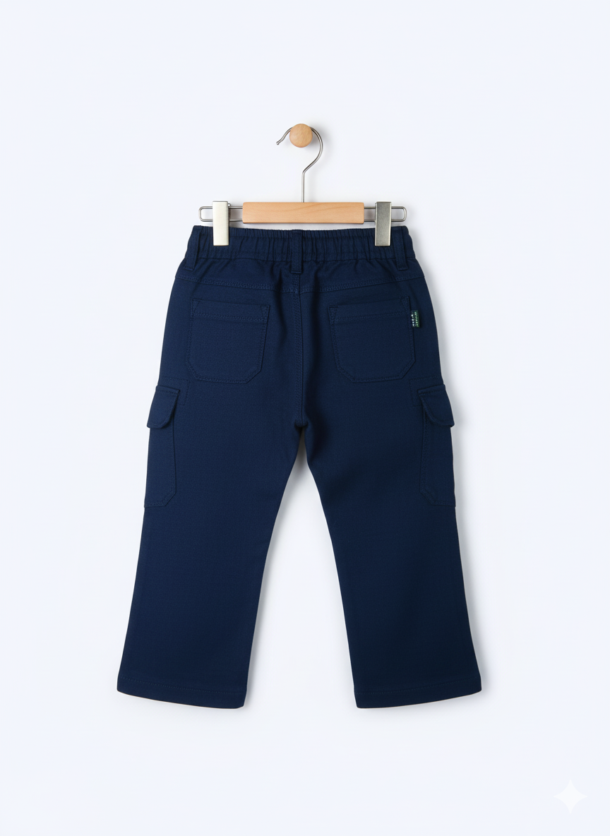 Boys' plain navy blue cargo pants made of soft fleece or knit material, hanging on a wooden hanger, showing the elastic waist and large side pockets.